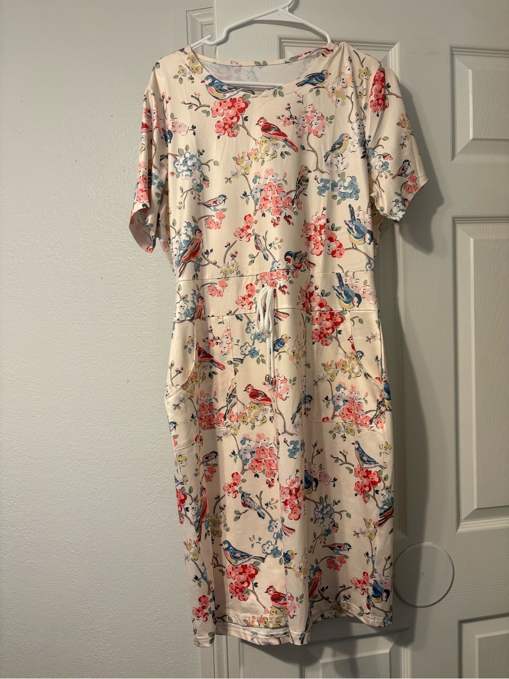 SHEIN Cream Short Sleeve Bird & Floral Tie-Waist Dress